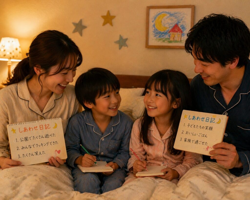 寝る前に家族でしあわせ日記を書いたり話したりしながら、笑顔で過ごしている寝室の写真