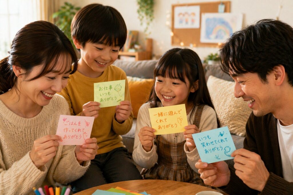 家族が手書きの「ありがとうメモ」を交換し、笑顔で見せ合っている温かい室内の写真
