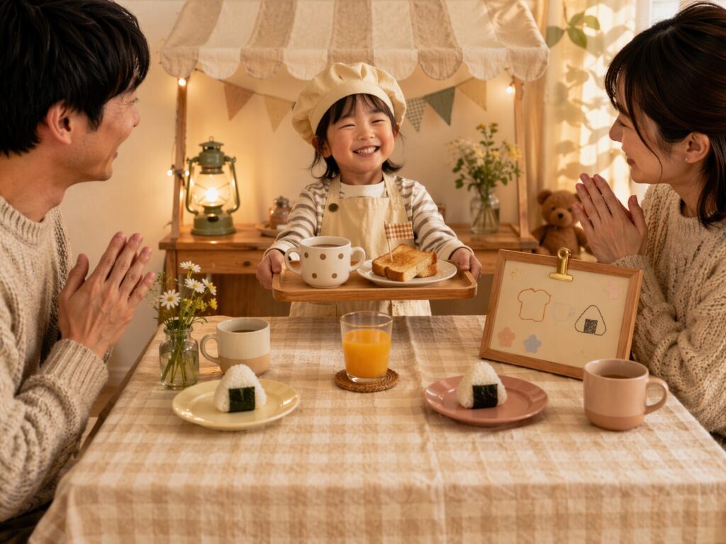 子どもがおうちカフェの店員さんになり、トーストと飲み物を家族に運んでいる温かい室内の写真
