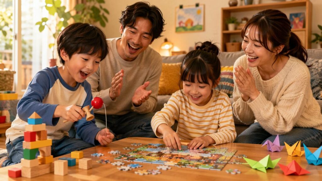 家族でけん玉やパズル、積み木、折り紙に挑戦しながら、笑顔で応援し合っている室内の写真