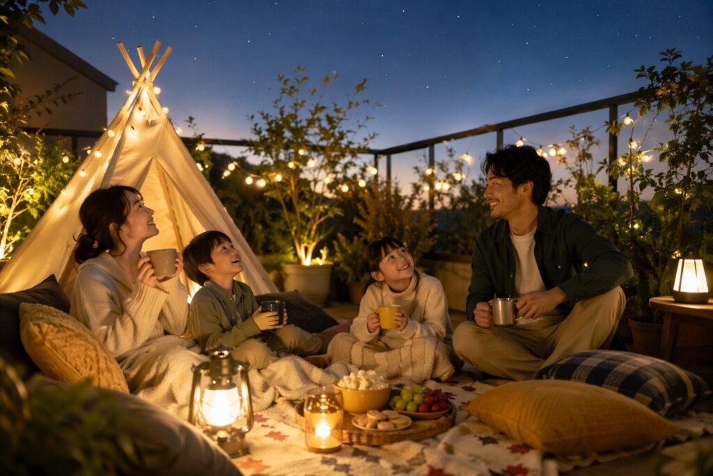 ベランダや庭でランタンやクッションを並べ、家族でプチキャンプ気分を楽しんでいる夜の写真