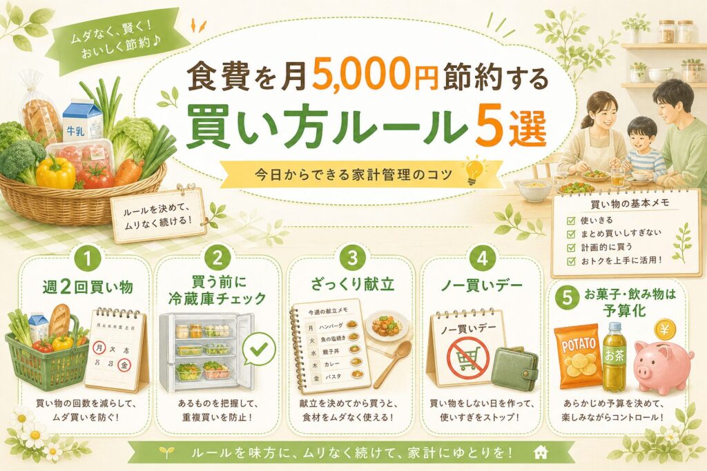 食費を月5,000円節約する買い方ルール5選を、週2回買い物・冷蔵庫チェック・ざっくり献立・ノー買いデー・予算化でまとめた横長画像