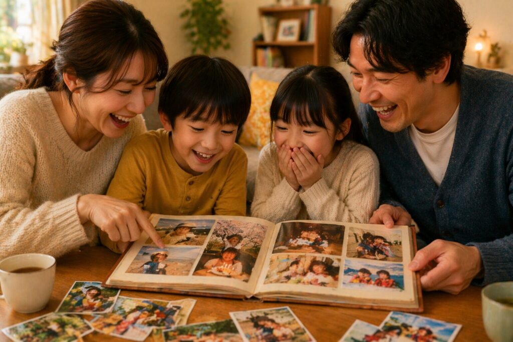 昔の写真が入ったアルバムを開きながら、家族みんなで思い出を振り返って笑い合っている室内の写真