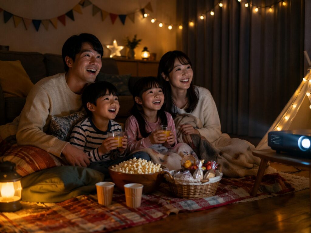 暗めの部屋でおやつを囲みながら、家族みんなでおうち映画館ごっこを楽しんでいる写真