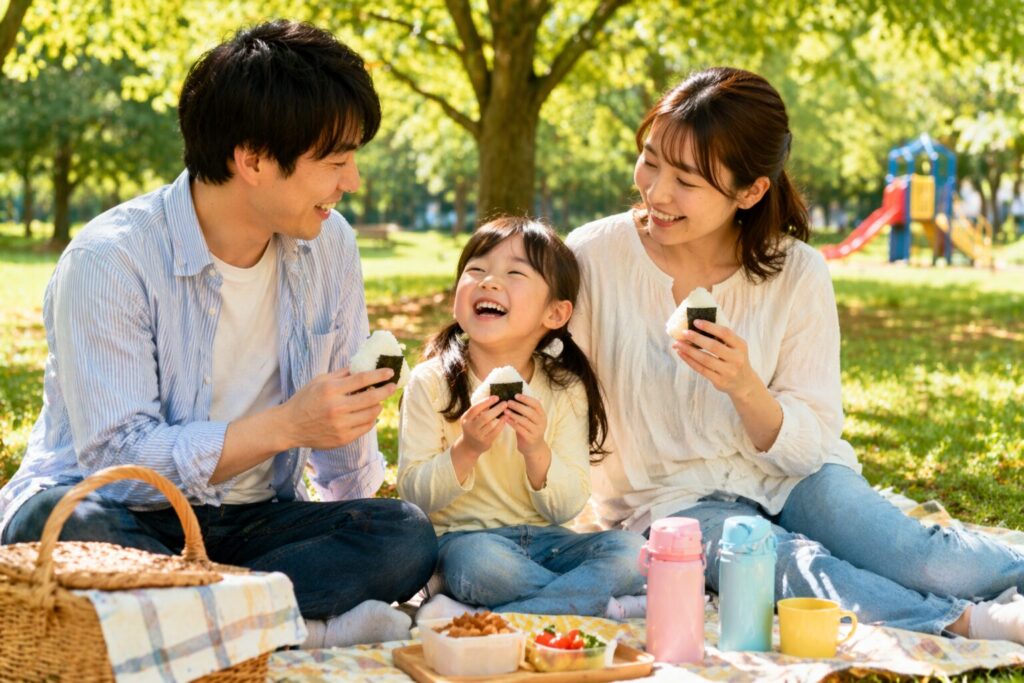 近くの公園でおにぎりを食べながら、家族でピクニックごっこを楽しんでいる明るい屋外写真