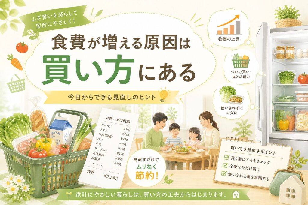 食費が増える原因は買い方にあることを、買い物かご・レシート・冷蔵庫・家族の食卓で表現した節約記事用の横長画像