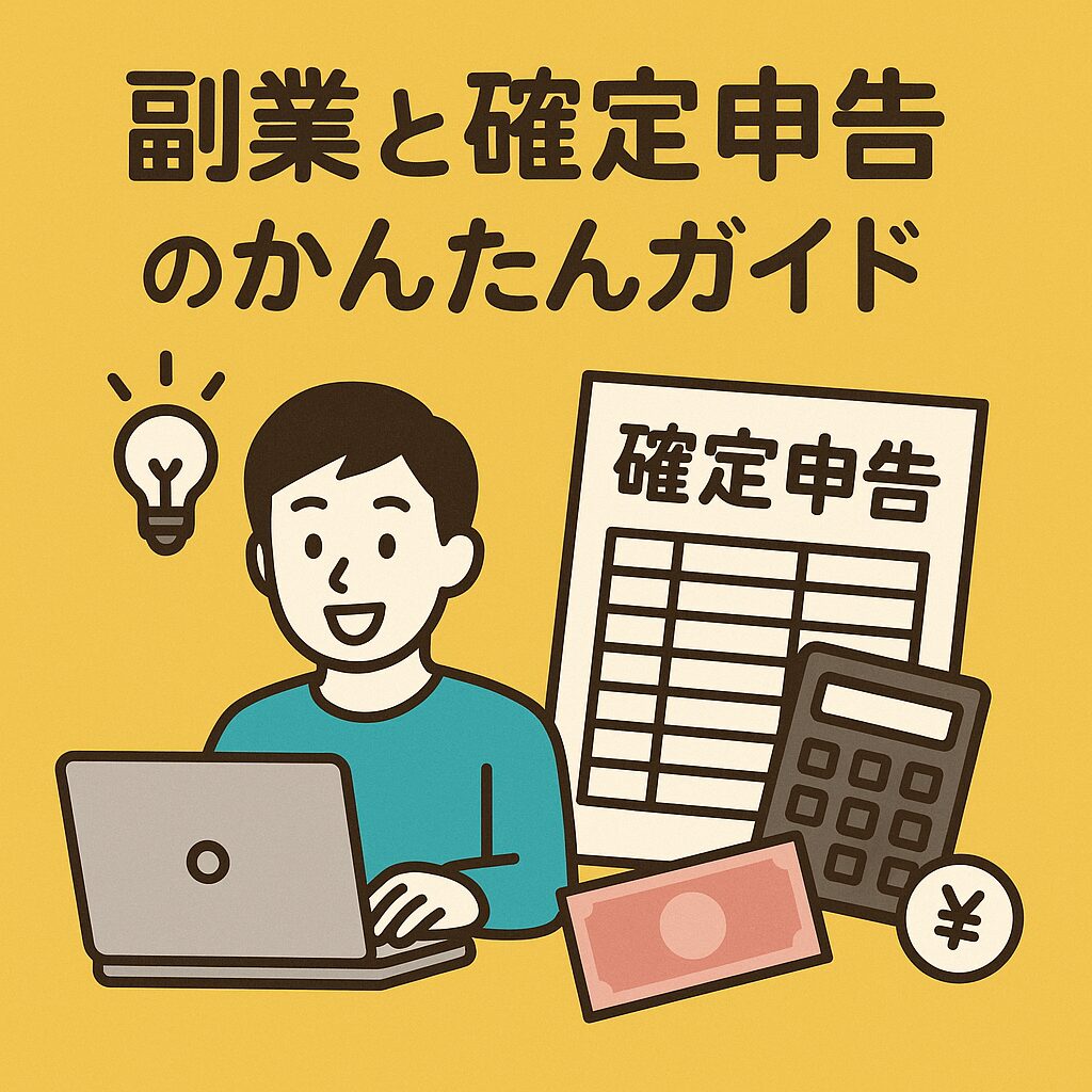 副業と確定申告のかんたんガイドをテーマに、ノートパソコンで作業する男性と確定申告書・電卓・お金のイラスト