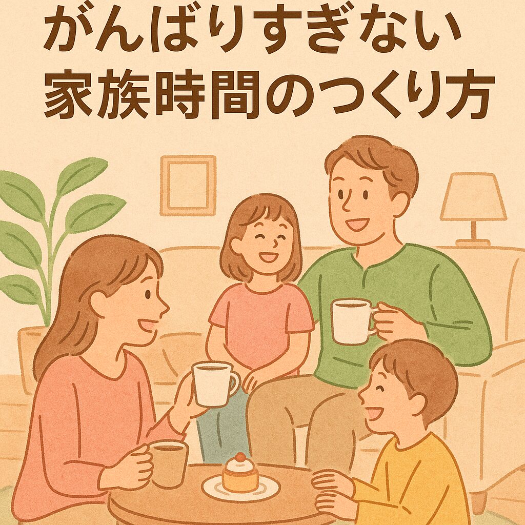 家族がリビングで笑顔でお茶を飲みながら団らんしているイラスト。がんばりすぎずに心地よい家族時間を過ごす様子を表現。