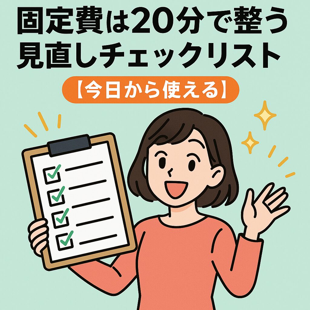固定費を20分で整える見直しチェックリストを紹介するイラスト。笑顔の女性がチェックリストを掲げ、背景は淡いミントグリーンとカラフルな紙吹雪で明るい雰囲気。