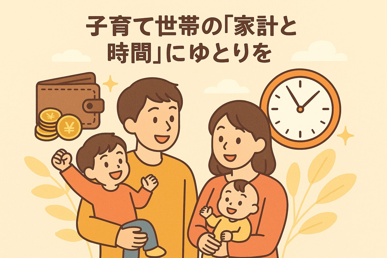 子育て世帯の家族が笑顔で過ごす様子と、時計や財布のイラストが描かれた「家計と時間にゆとりを」をテーマにした優しい雰囲気のイラスト