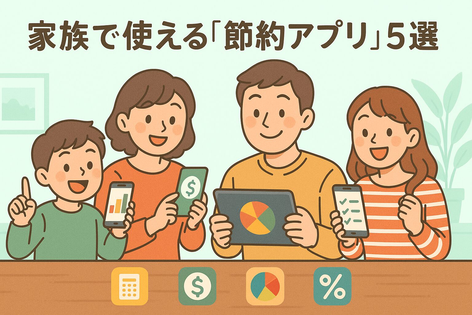 薄いミントグリーンの背景で、家族がスマホやタブレットを見ながら節約アプリを楽しそうに使っているイラスト。