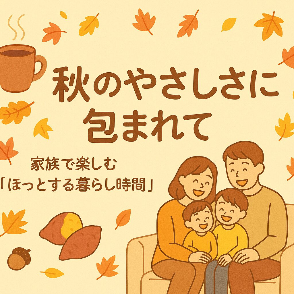 秋のやさしさに包まれて、家族で楽しむほっとする暮らし時間。秋の葉やマグカップに囲まれた笑顔の家族イラスト。