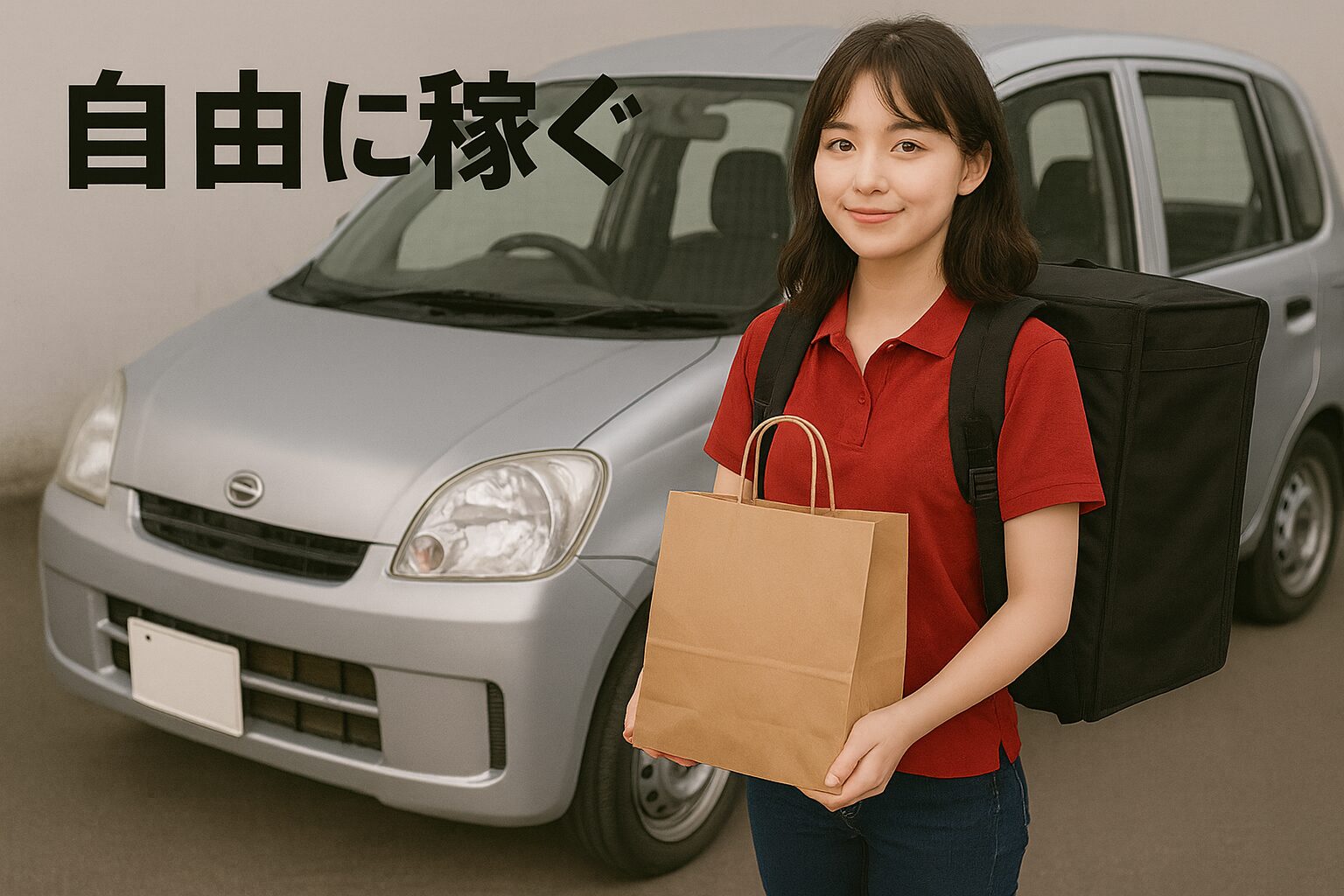 シルバーのミラバンの前で、笑顔の女性がフードデリバリーの紙袋を持ち「自由に稼ぐ」と書かれた明るい雰囲気の写真。