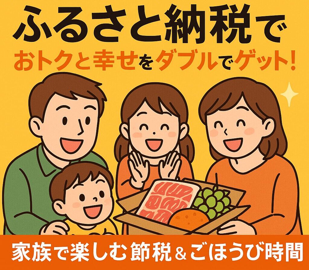 ふるさと納税の返礼品を囲んで笑顔になる家族。お肉やフルーツが入った段ボールを囲み、楽しそうに喜ぶパパ・ママ・子どもたちの温かいイラスト。