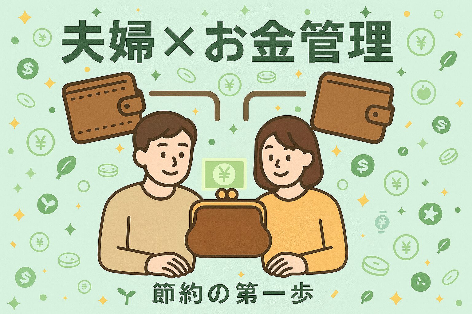 夫婦が一緒に家計を管理する様子。二人の財布が一つのがま口財布に向かい、「夫婦×お金管理」「節約の第一歩」と書かれた温かいイラスト。背景にはコインや葉っぱ、星の模様が散りばめられている。
