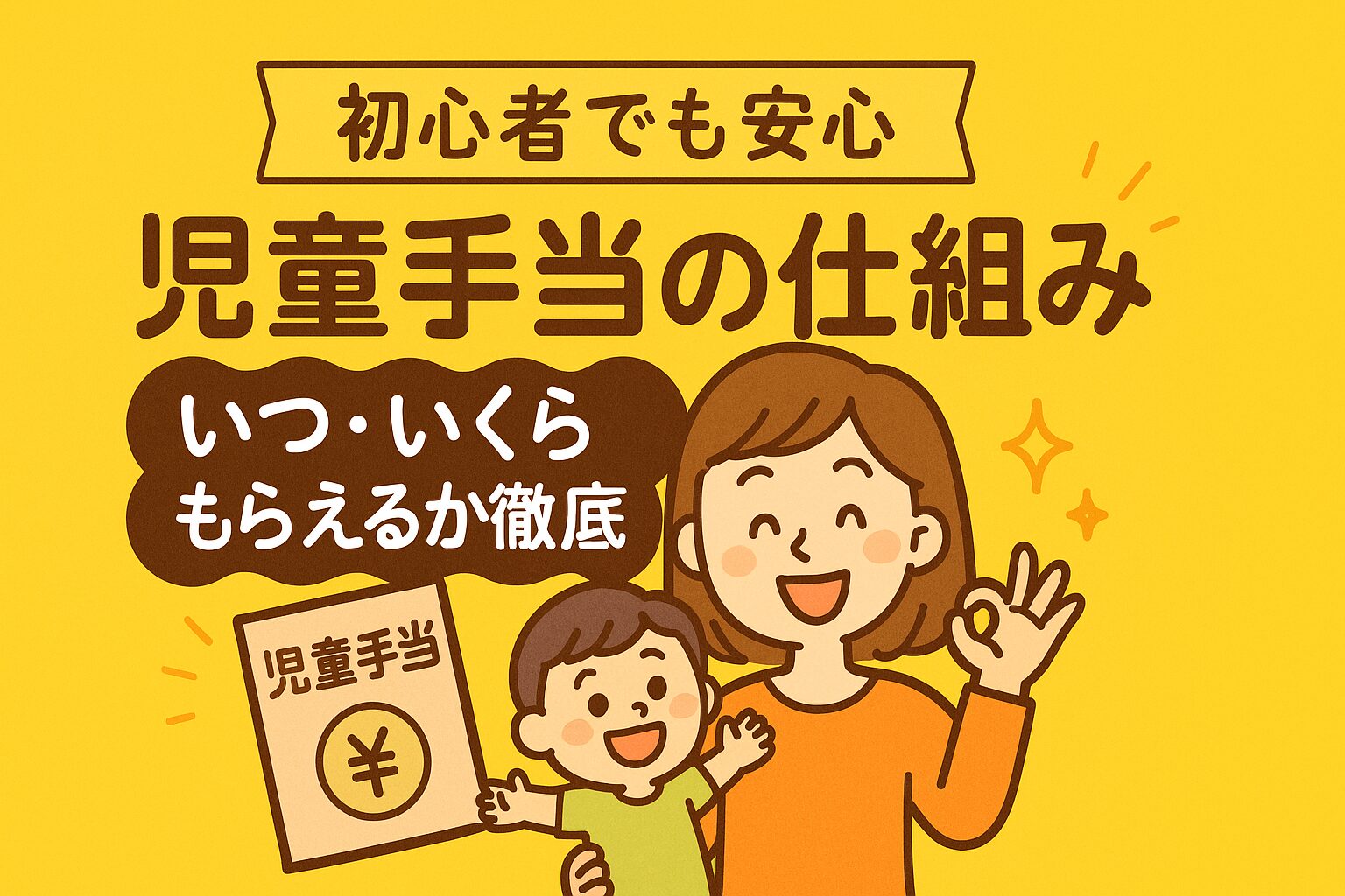 初心者でも安心！児童手当の仕組みと「いつ・いくら」もらえるかをやさしく解説するパパママ向けガイド。明るい黄色背景に親子の笑顔イラスト。