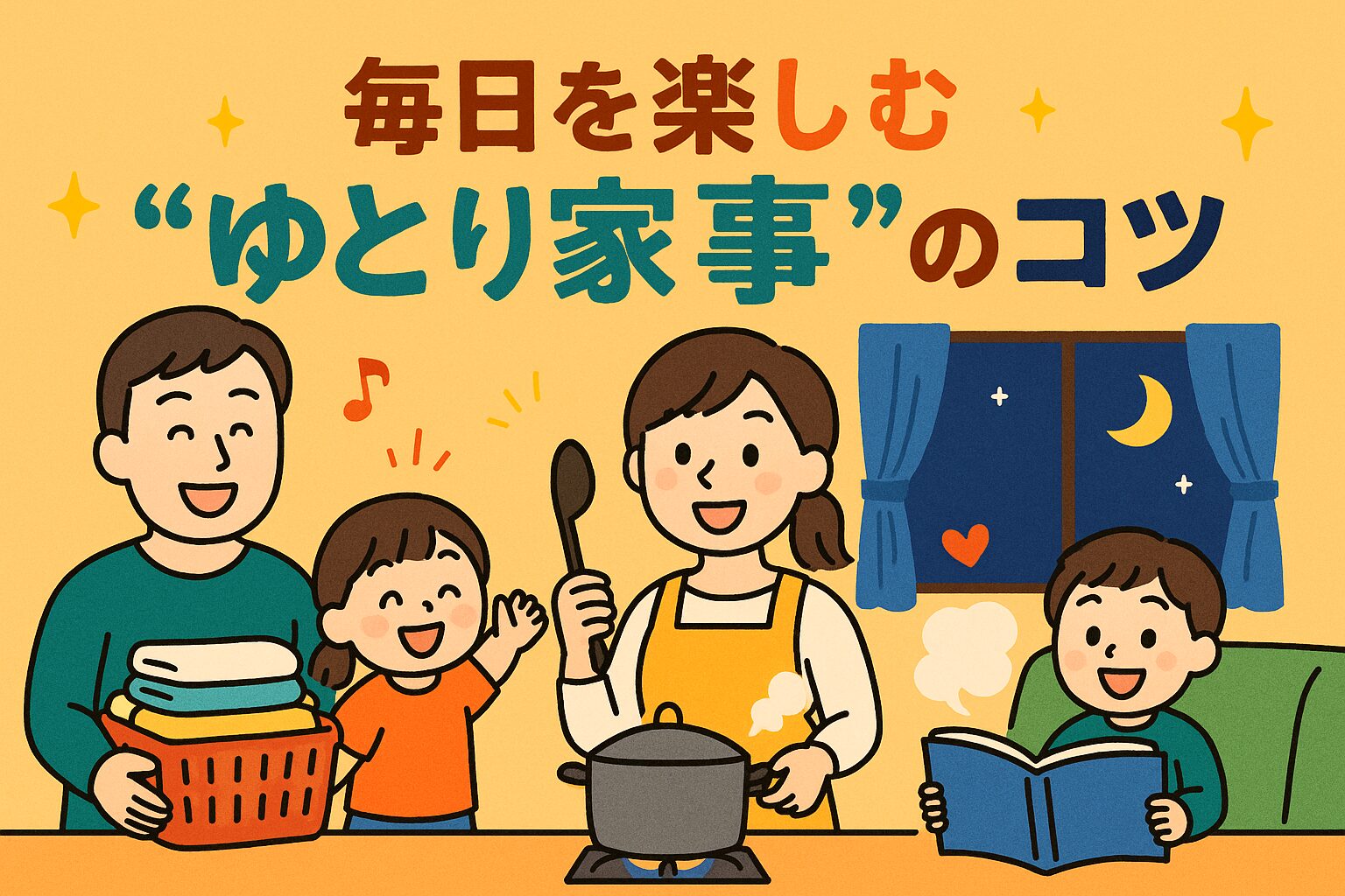 忙しいパパママが笑顔で家事を分担するイラスト。料理するママ、洗濯物をたたむパパ、本を読む子どもたち。家族みんなで“ゆとり家事”を楽しむやさしい雰囲気。