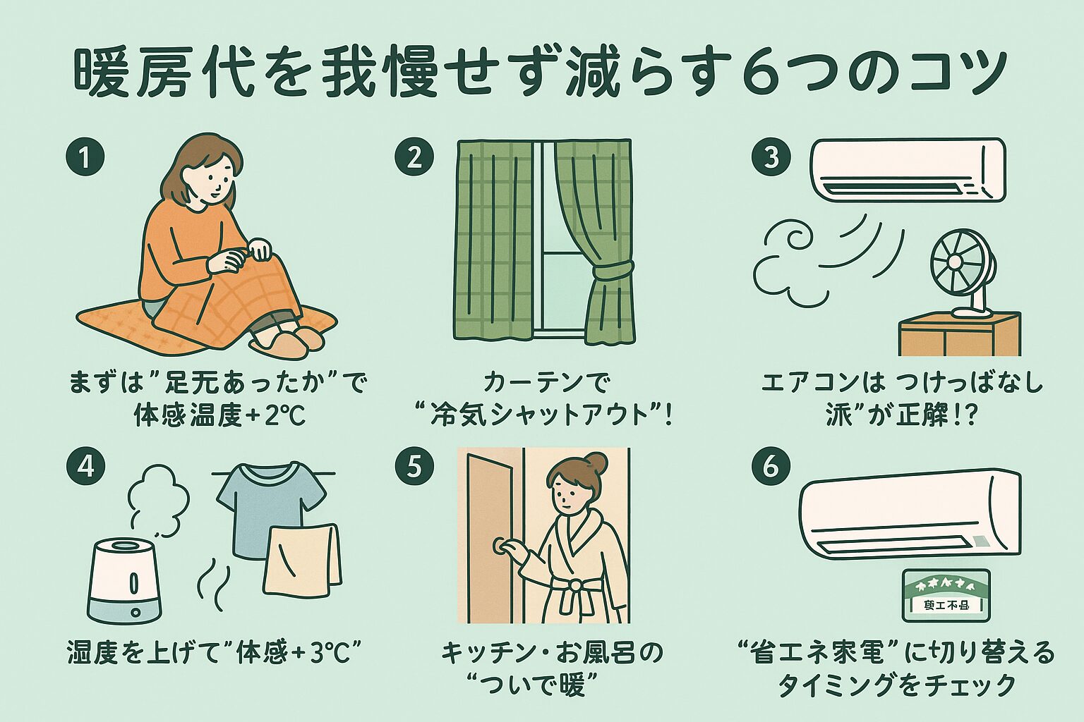 薄いミントグリーン背景に、冬の暖房代節約のコツを紹介するイラスト。ラグに座る女性、カーテン、エアコン、加湿器、料理やお風呂の湯気、省エネ家電の6つの場面が描かれた、やさしい雰囲気のデザイン。
