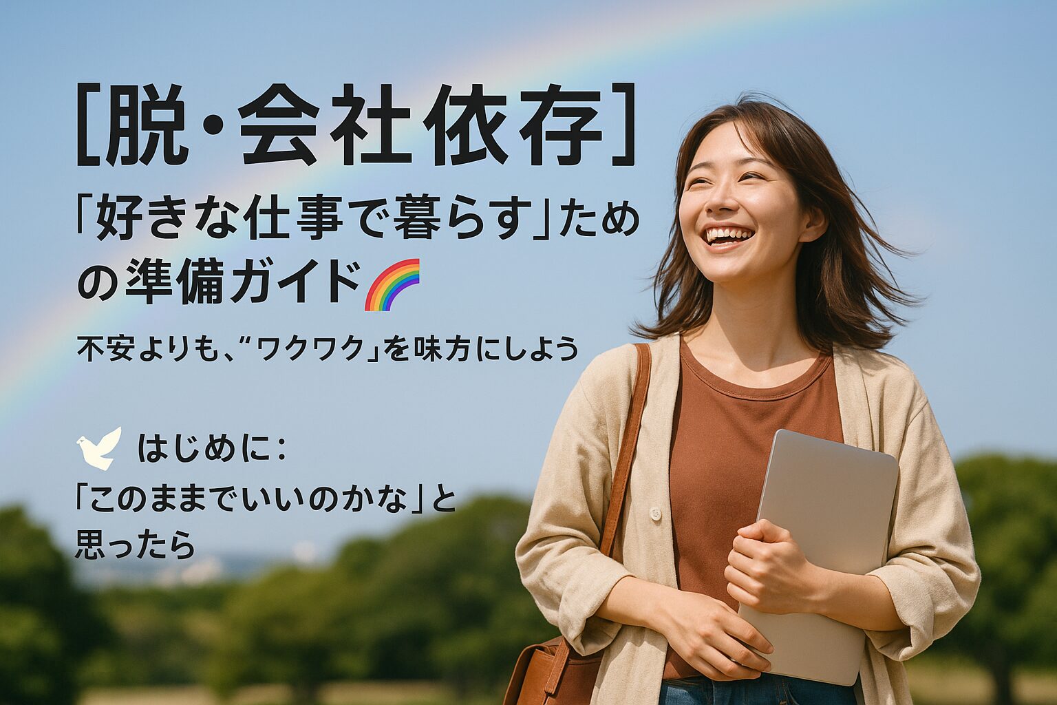 青空の下で笑顔の女性がノートPCを抱え、虹のかかる風景の中を歩いている。「脱・会社依存」「好きな仕事で暮らすための準備ガイド」という文字が重ねられているポジティブなイメージ。