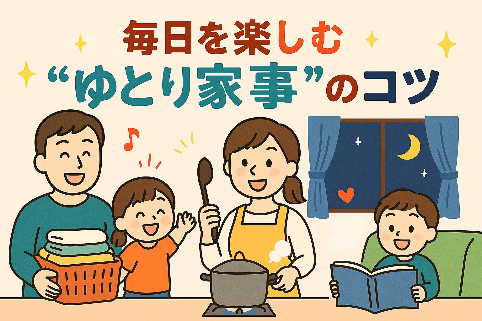 忙しいパパママが笑顔で家事を分担するイラスト。料理するママ、洗濯物をたたむパパ、本を読む子どもたち。家族みんなで“ゆとり家事”を楽しむやさしい雰囲気。