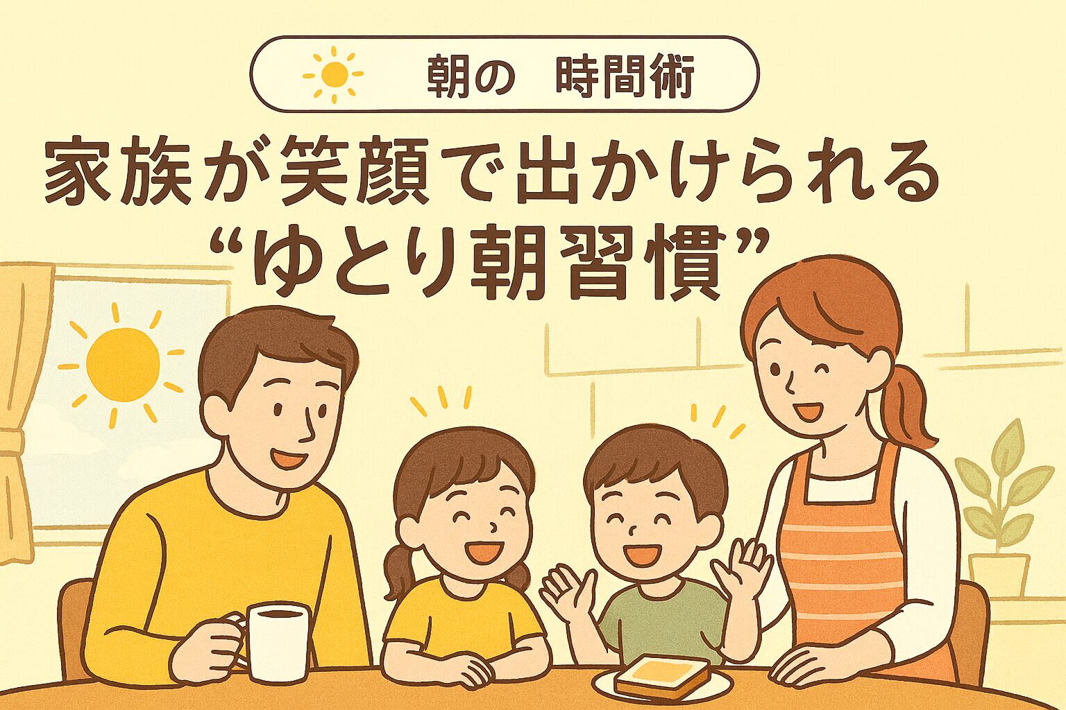 朝のリビングで家族が笑顔で朝食を楽しむ様子を描いたイラスト。 「朝の時間術 家族が笑顔で出かけられる“ゆとり朝習慣”」のタイトル入り。 やわらかい色合いで、穏やかな朝のぬくもりを感じるデザイン。