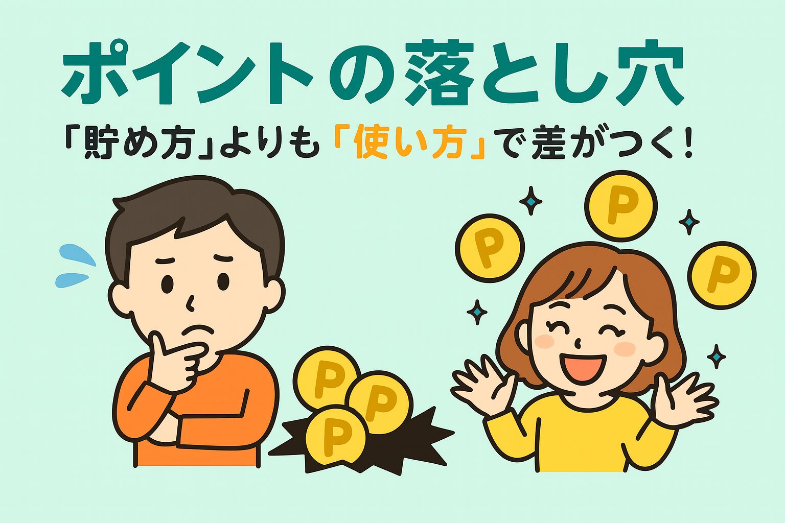 悩む男性と笑顔の女性がポイントを手にしているイラスト。「ポイントの落とし穴 貯め方よりも使い方で差がつく!」という文字が描かれている。