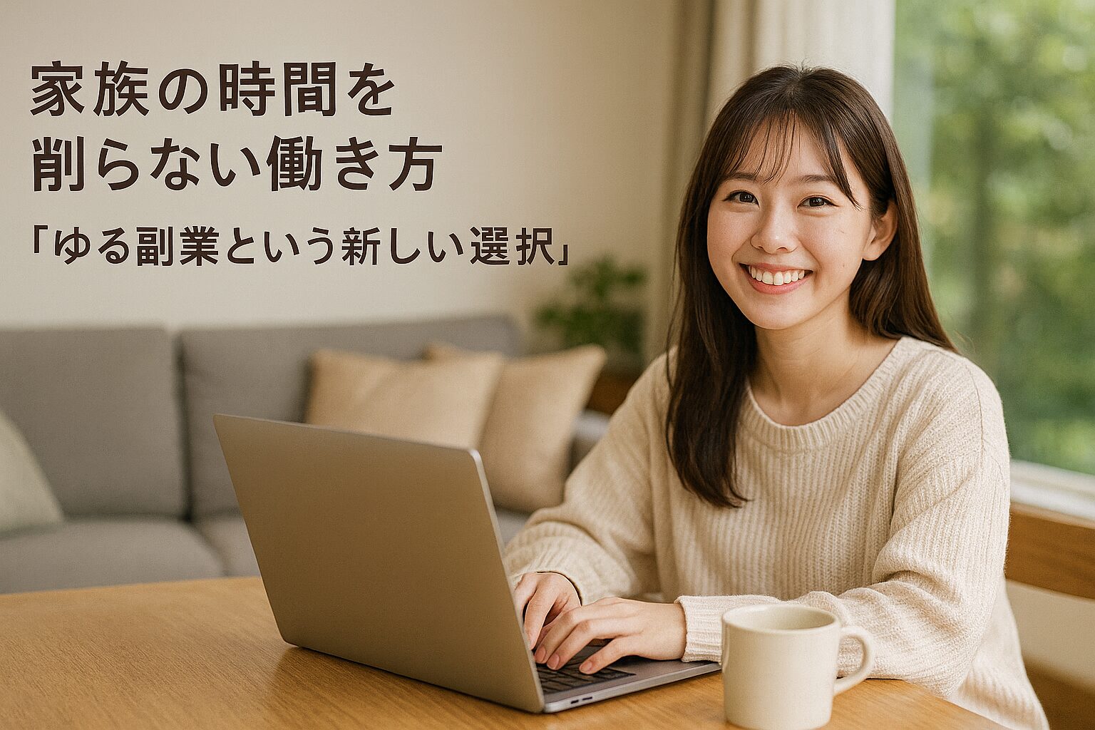 ノートパソコンに向かって笑顔で作業する女性。自然光が差し込む明るいリビングで、「家族の時間を削らない働き方 ゆる副業という新しい選択」という文字が入った温かい雰囲気の写真。
