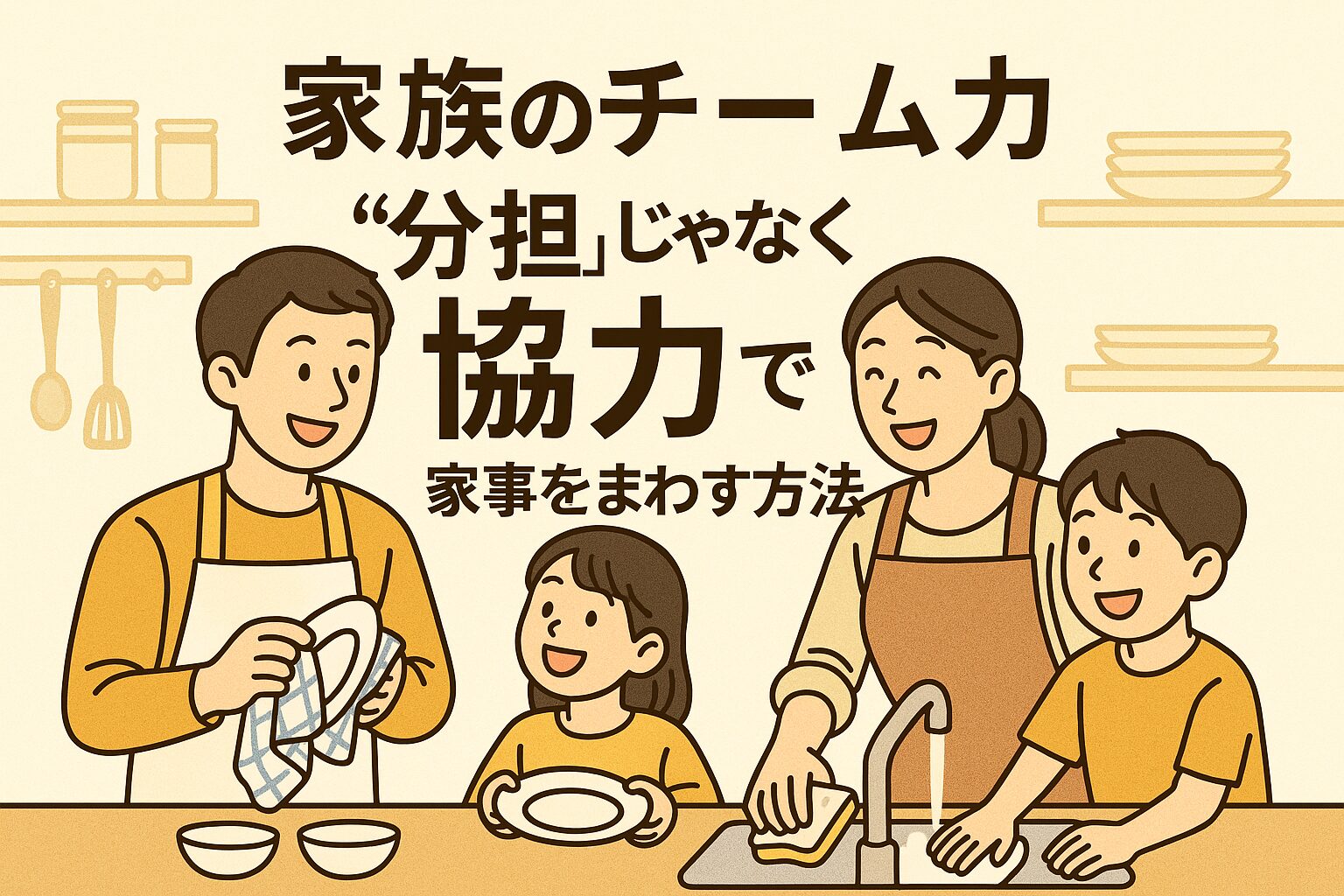 家族が笑顔で協力して皿洗いをしている様子を描いたイラスト。父・母・子どもが一緒に家事を楽しみながら行う温かい雰囲気の家庭シーン。タイトル「家族のチーム力 “分担”じゃなく“協力”で家事をまわす方法」。