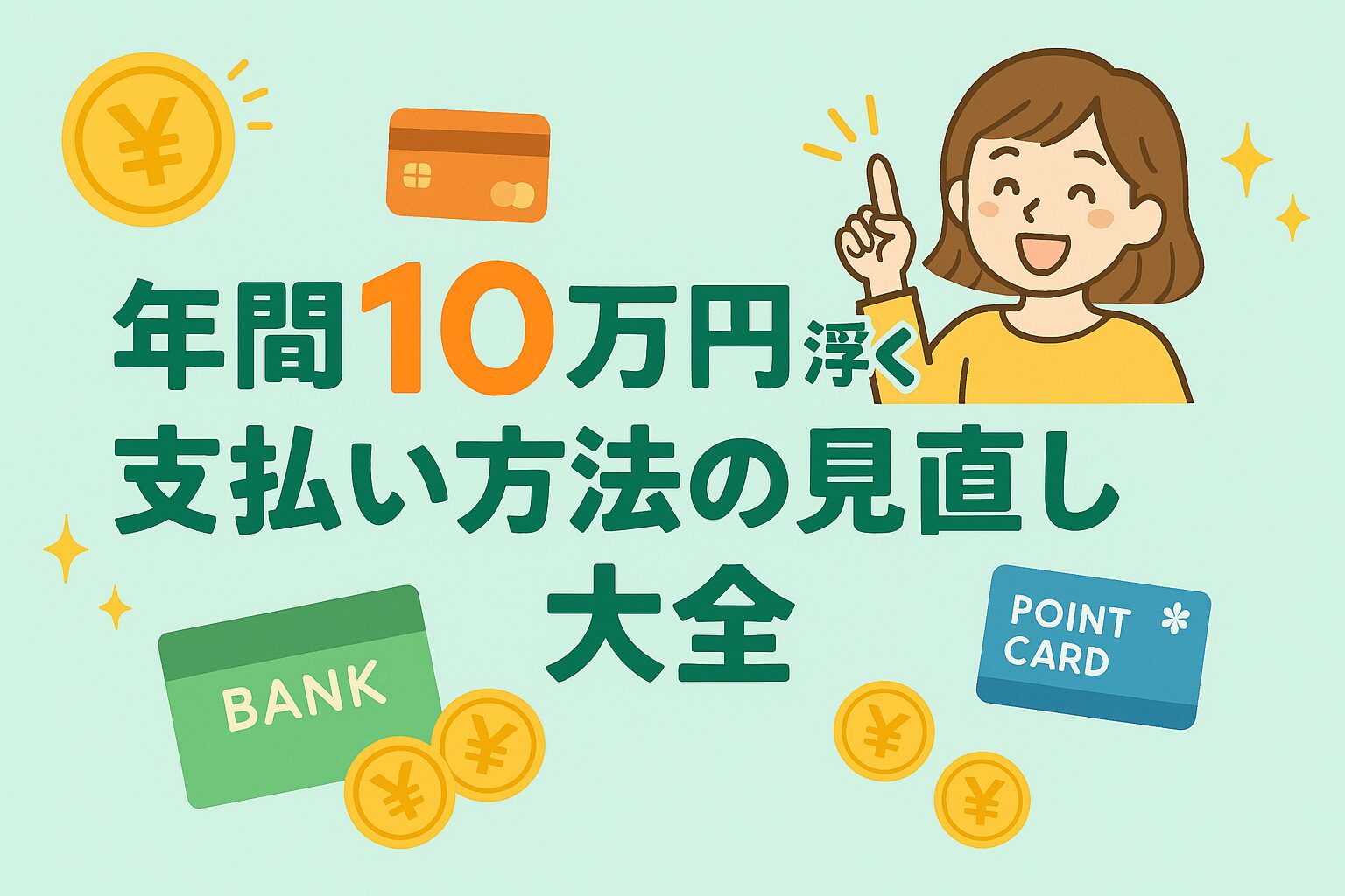 年間10万円浮く支払い方法の見直しをテーマにした明るいミントグリーン背景のイラスト。笑顔の女性とクレジットカード・銀行カード・コインが描かれたデザイン。