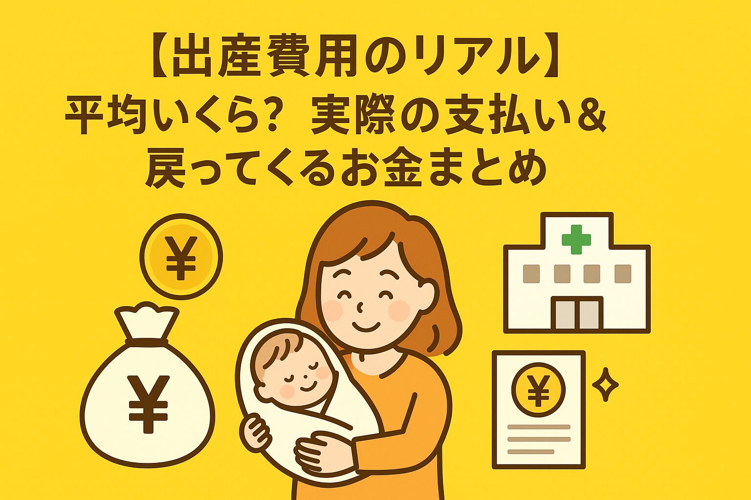 出産費用の平均や戻ってくるお金をわかりやすく紹介するイラスト。笑顔の母親が赤ちゃんを抱き、背景は明るい黄色であたたかい雰囲気。