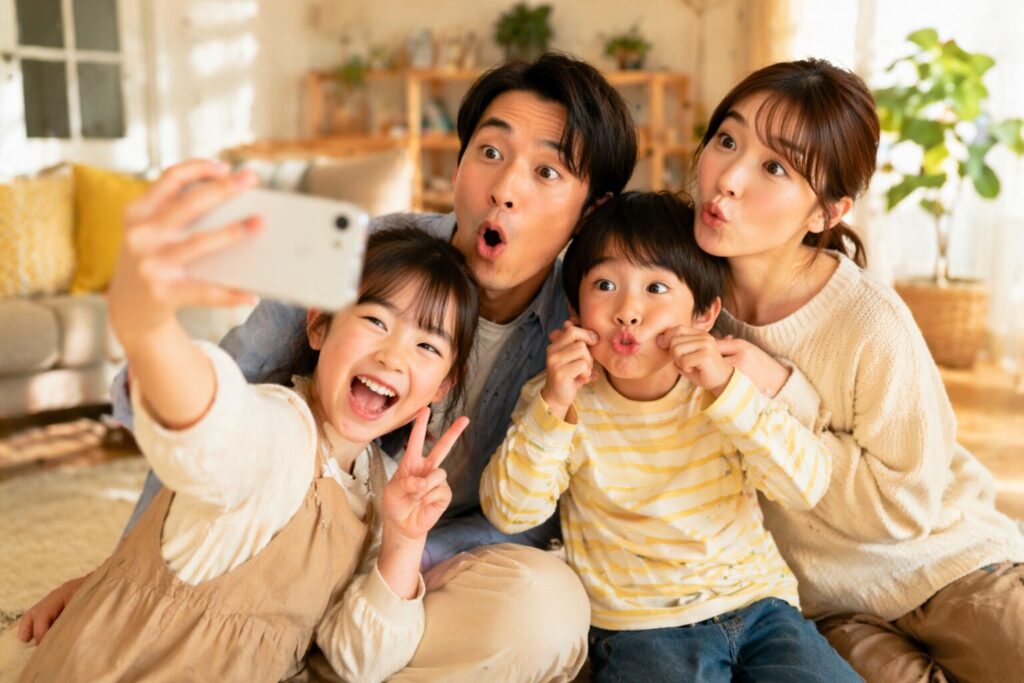 スマホを使って家族みんなで写真撮影を楽しんでいる、明るくにぎやかな室内の写真