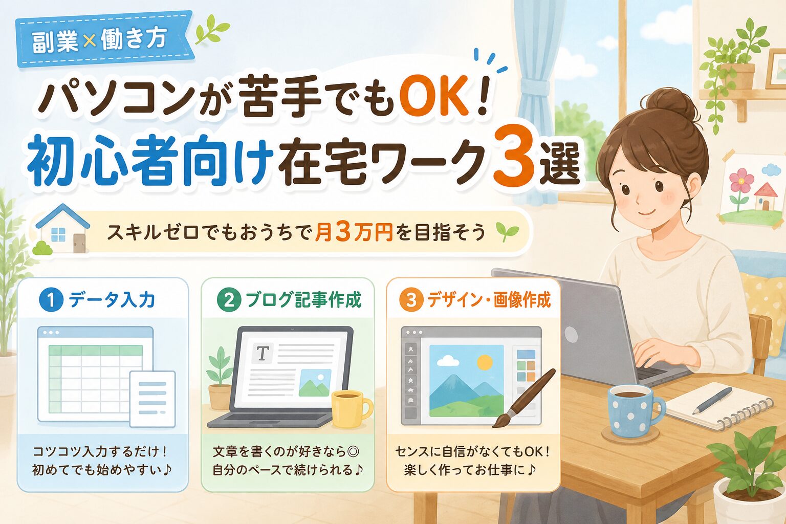 パソコンが苦手でも始めやすい初心者向け在宅ワーク3選を紹介するアイキャッチ画像。データ入力、ブログ記事作成、デザイン・画像作成を、自宅でパソコン作業する女性のイラストとともにわかりやすく表現している。