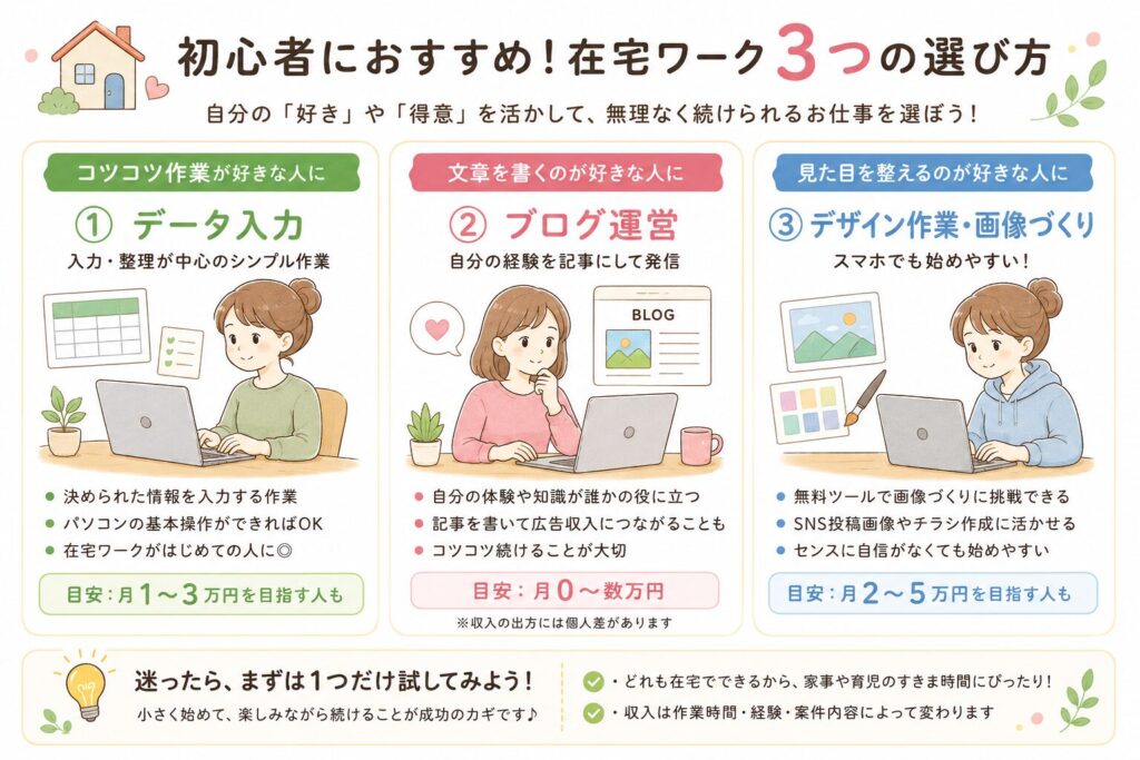 在宅ワーク初心者向けに、データ入力・ブログ運営・デザイン作業の3つの選び方を比較した本文中画像。パソコンが苦手な人でも、自分の好きや得意に合わせて始めやすい在宅ワークを選べるように整理している。