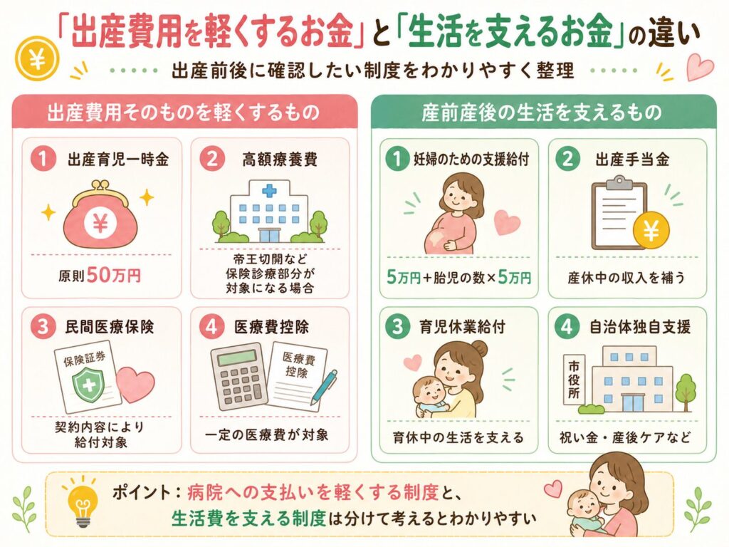出産費用を軽くするお金と、産前産後の生活を支えるお金の違いを比較した図解画像。出産育児一時金、高額療養費、民間医療保険、医療費控除と、妊婦のための支援給付、出産手当金、育児休業給付、自治体独自支援を整理。