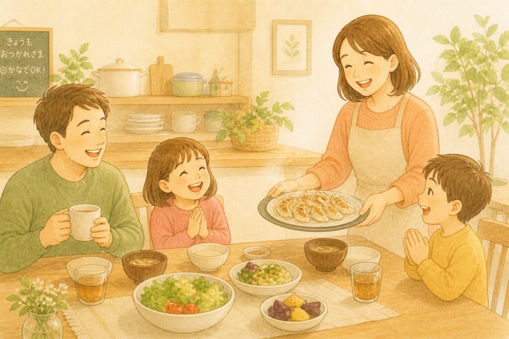 家族4人が食卓を囲み、笑顔で食事を楽しむ心地よい家族時間のイメージ画像