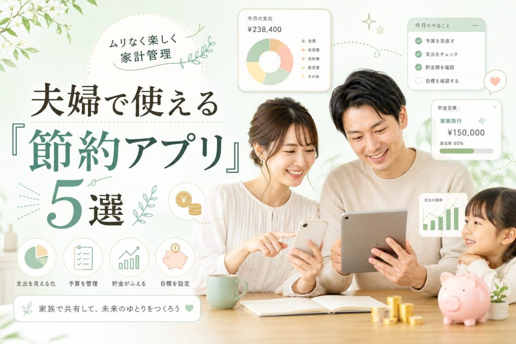 夫婦と子どもがスマホやタブレットを見ながら、節約アプリで家計管理をしている様子を描いた横長イラスト