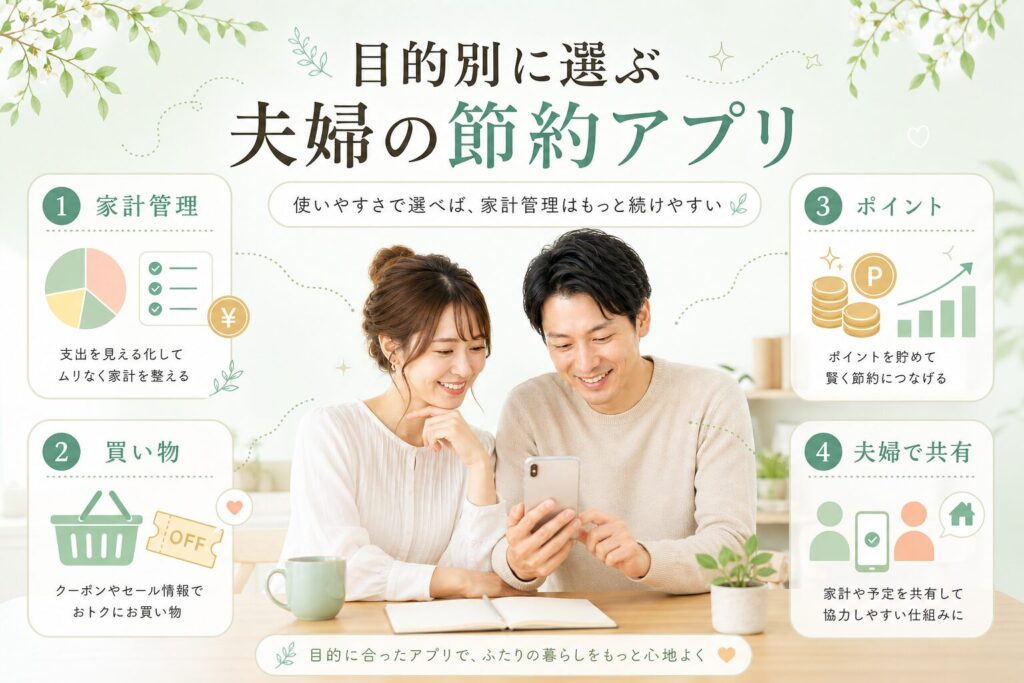 夫婦がスマホを見ながら、目的別に節約アプリを選ぶ様子を描いた横長イラスト