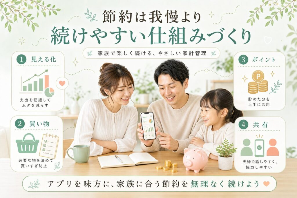 家族がスマホの家計管理画面を見ながら、節約アプリを使って無理なく節約を続ける様子を描いた横長イラスト