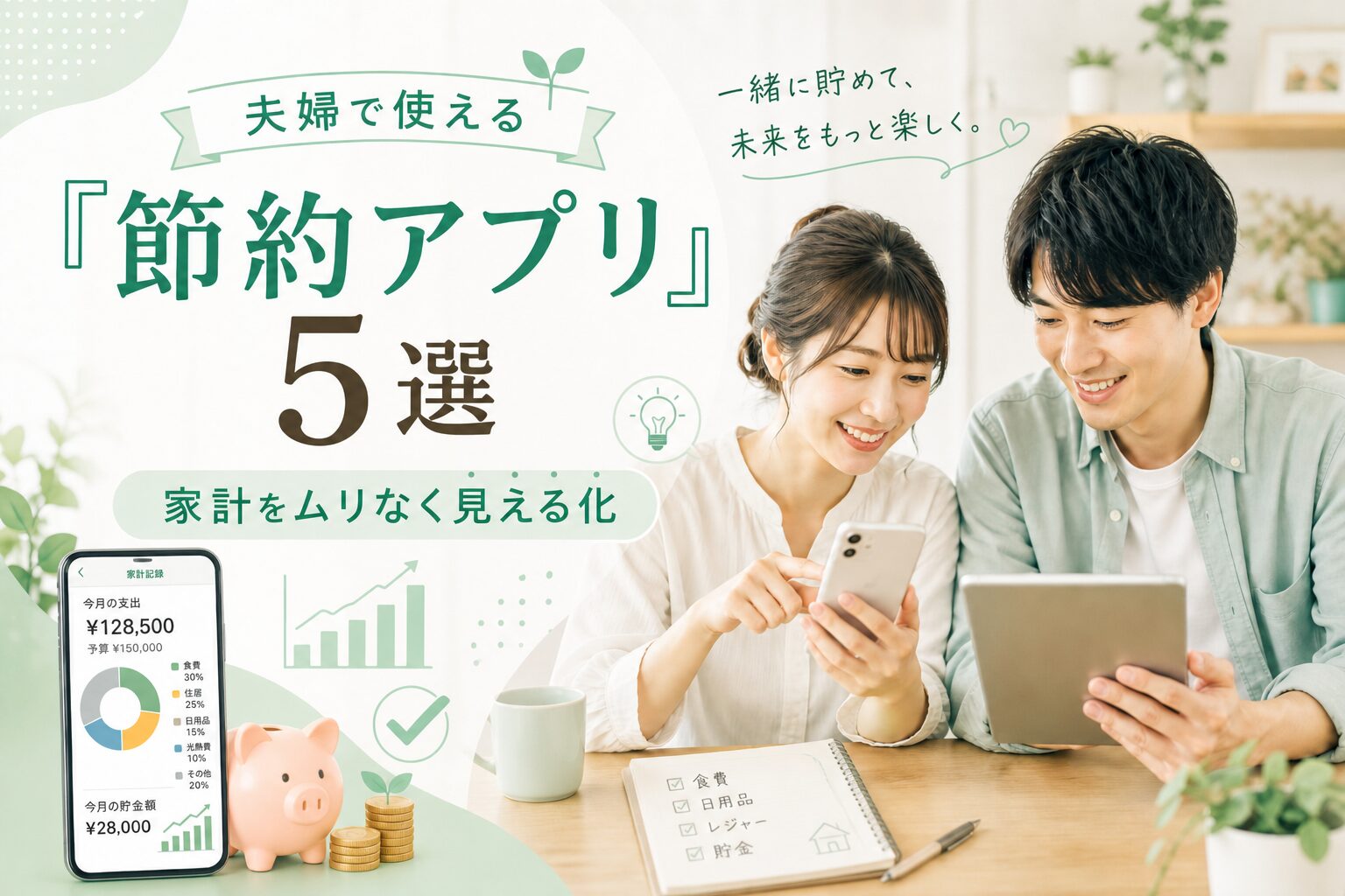 夫婦で使える節約アプリ5選を紹介するアイキャッチ画像。スマホとタブレットを見ながら家計管理をする夫婦と、家計の見える化をイメージしたデザイン。