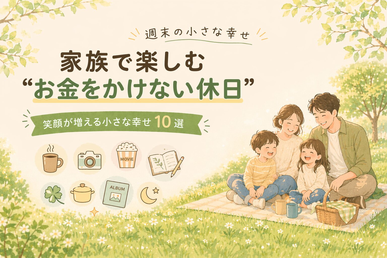 家族で楽しむお金をかけない休日アイデア10選を、やさしいイラストとアイコンでまとめた横長のアイキャッチ画像