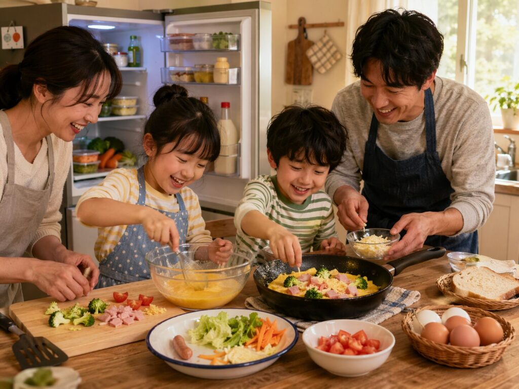 冷蔵庫の残り物を使って、家族みんなで料理を楽しんでいる明るいキッチンの写真