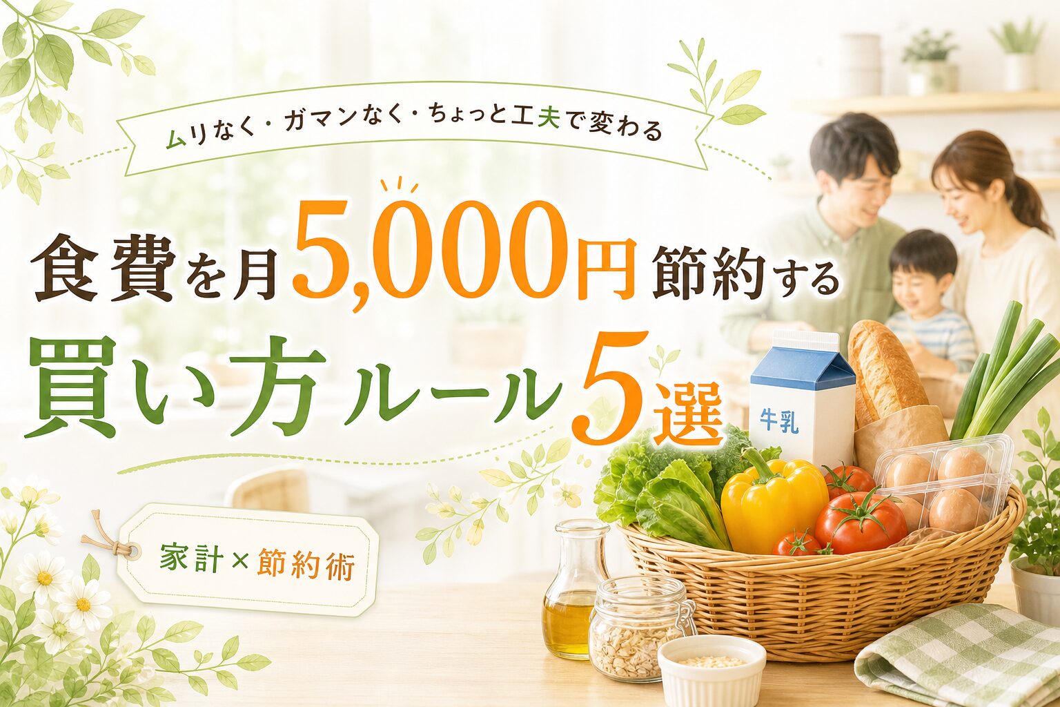 食費を月5,000円節約する買い方ルール5選をテーマに、家族と食材かごをやさしい雰囲気で描いたアイキャッチ画像