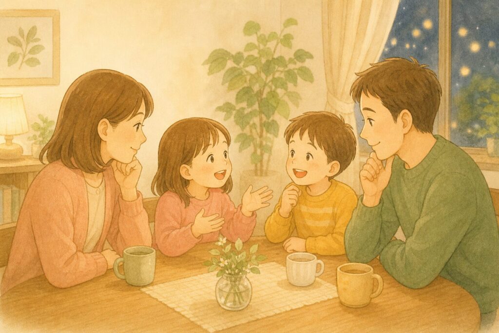 パパママと子ども2人がテーブルを囲み、今日どうだったと会話を楽しむ家族時間の画像