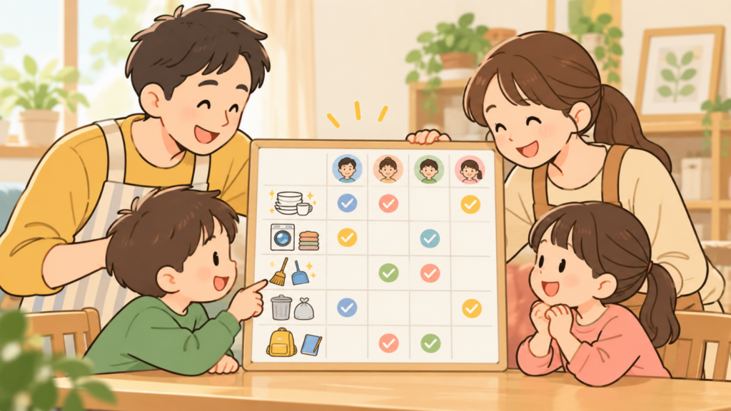 家族4人で家事分担チェック表を見ながら、食器洗い・洗濯・掃除・ゴミ出し・子どもの準備などを協力して分担している様子