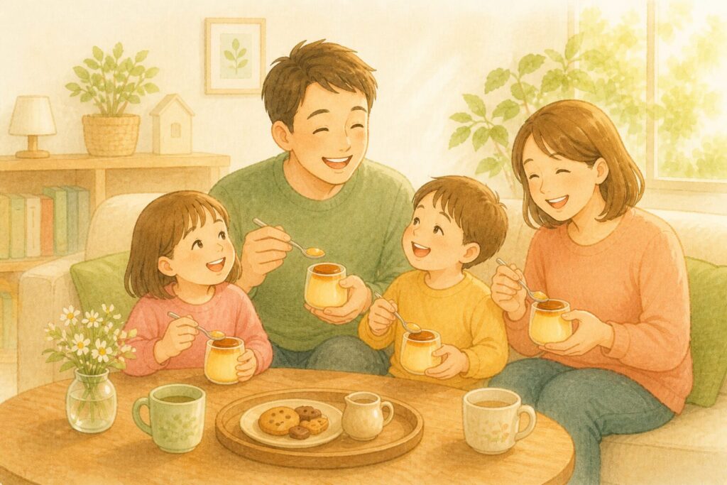 パパママと子ども2人がプリンを食べながら笑顔で過ごす小さなごほうびタイムの画像