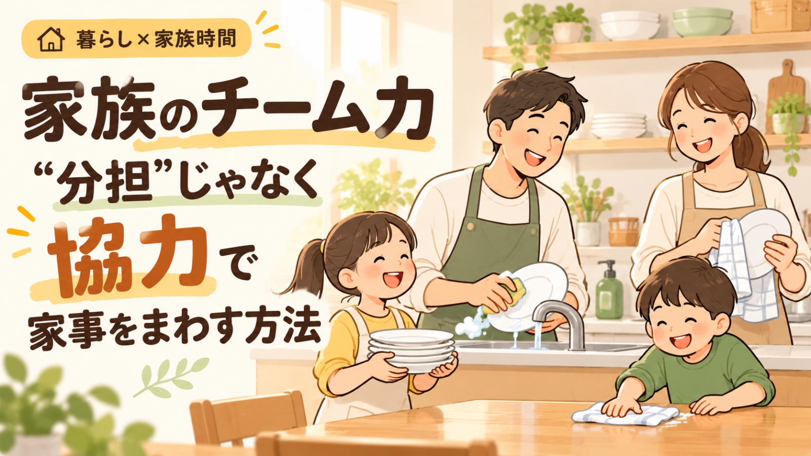家族4人が食器洗い・片づけ・テーブル拭きを協力して行い、家事をみんなで回している様子のアイキャッチ画像