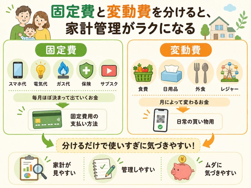 固定費と変動費の違いを、スマホ代・電気代・ガス代・保険・サブスクと、食費・日用品・外食・レジャーに分けて説明した家計管理の図解