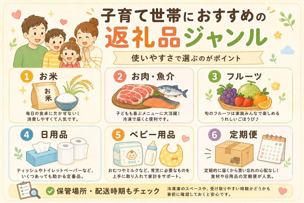 子育て世帯におすすめのふるさと納税返礼品ジャンルとして、お米・お肉や魚介・フルーツ・日用品・ベビー用品・定期便を家族のイラストと一緒にわかりやすく整理した図解画像