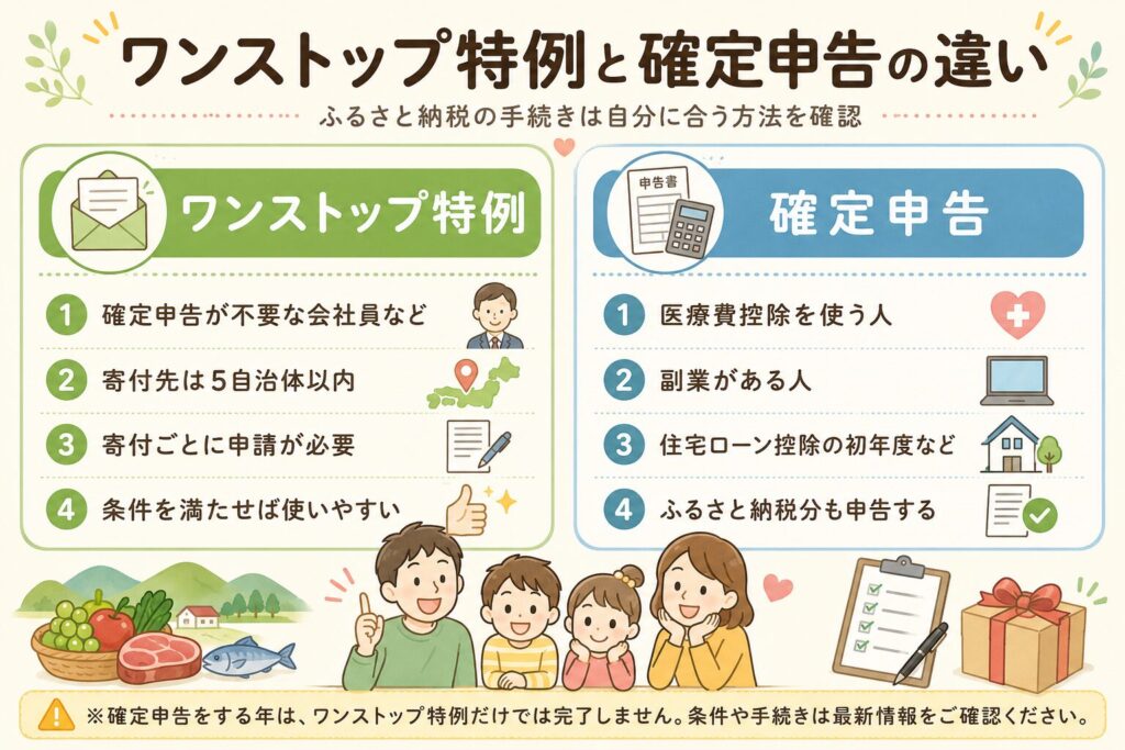 ワンストップ特例と確定申告の違いを、申請条件や医療費控除・副業・住宅ローン控除との関係とあわせて、家族と返礼品のイラストでわかりやすく整理した図解画像