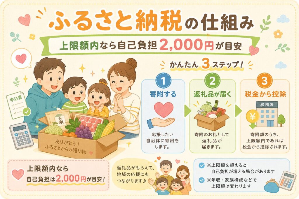 ふるさと納税の仕組みを、寄付する・返礼品が届く・税金から控除される流れと、上限額内なら自己負担2,000円が目安になることを家族と返礼品のイラストで説明した図解画像